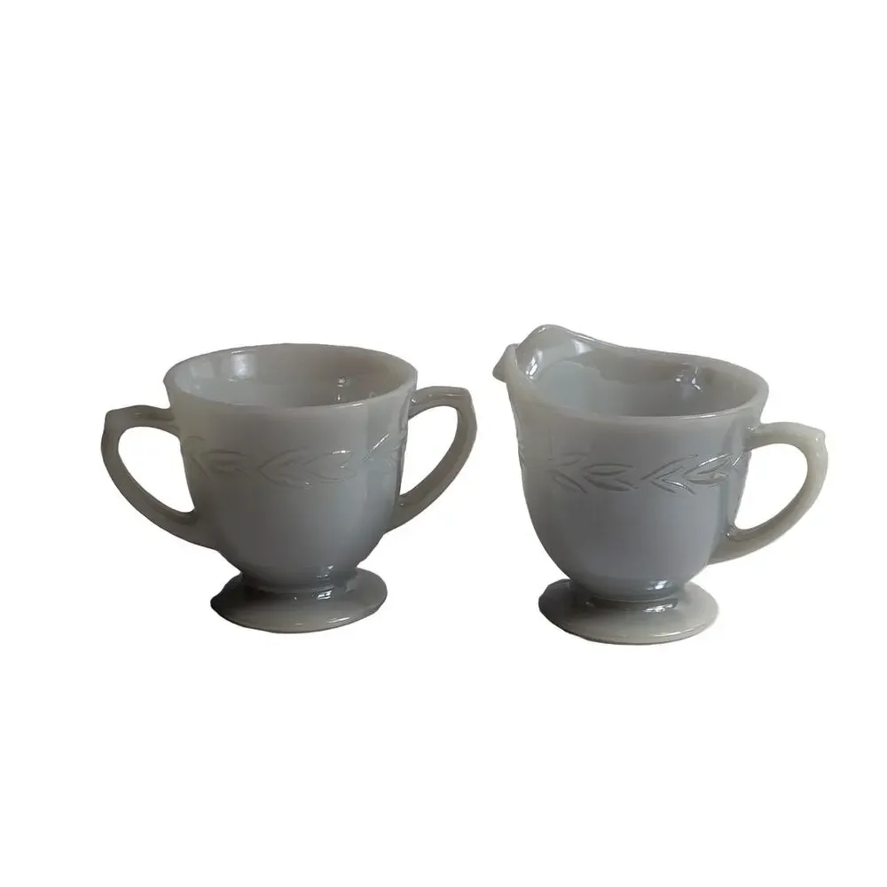 Fire-King Oven Ware Milk Glass Sugar Bowl Creamer Set Wheat White Blue USA
